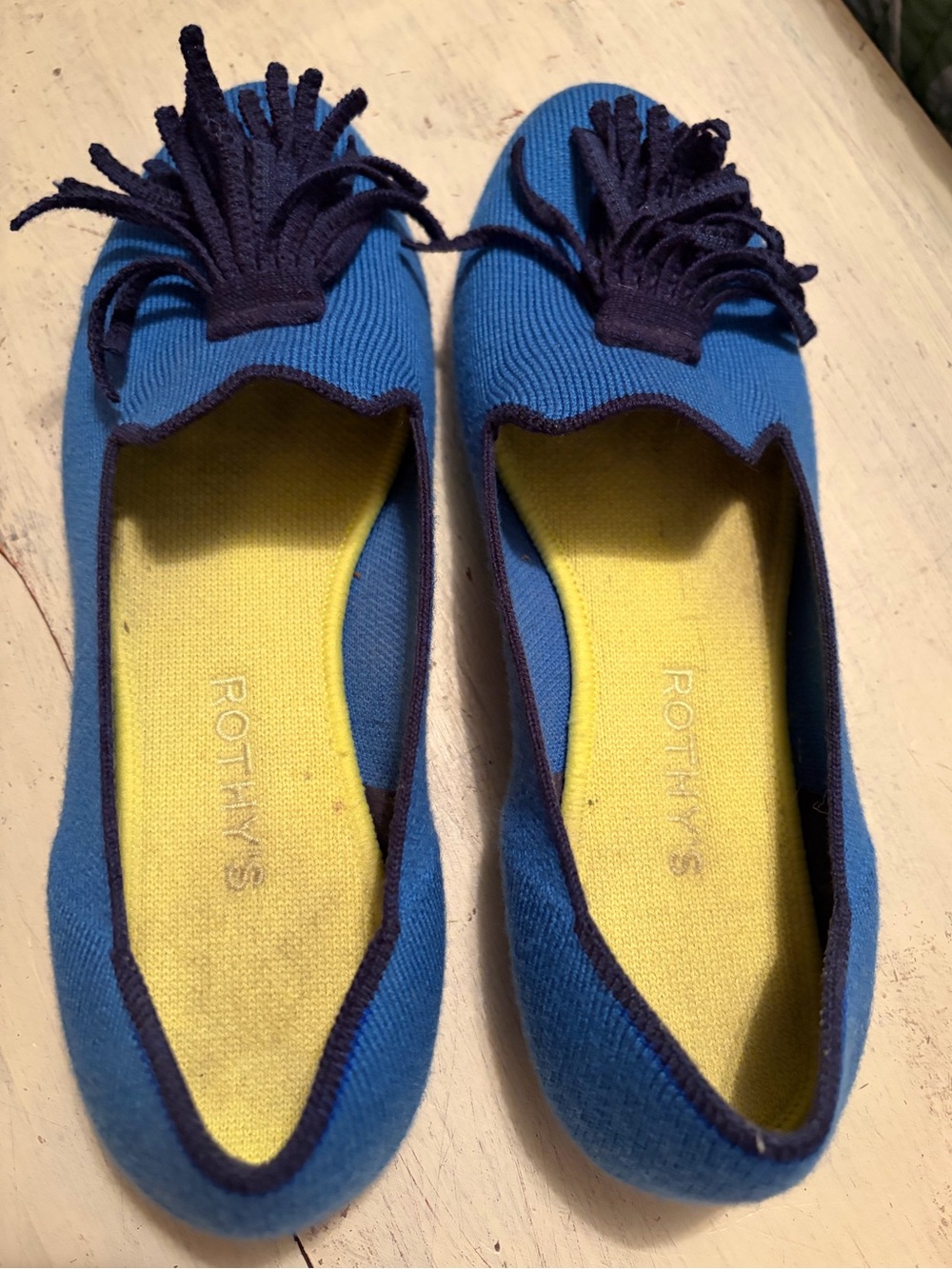 Rothy's Bright Blue Knit Tassel Flats with Navy Trim
